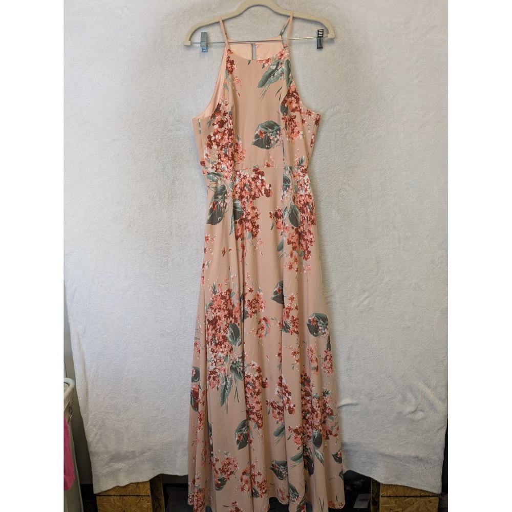 Lulus Maxi Dress Women's Small Peach Floral High Halter Neck Sleeveless Chiffon - Picture 1 of 11